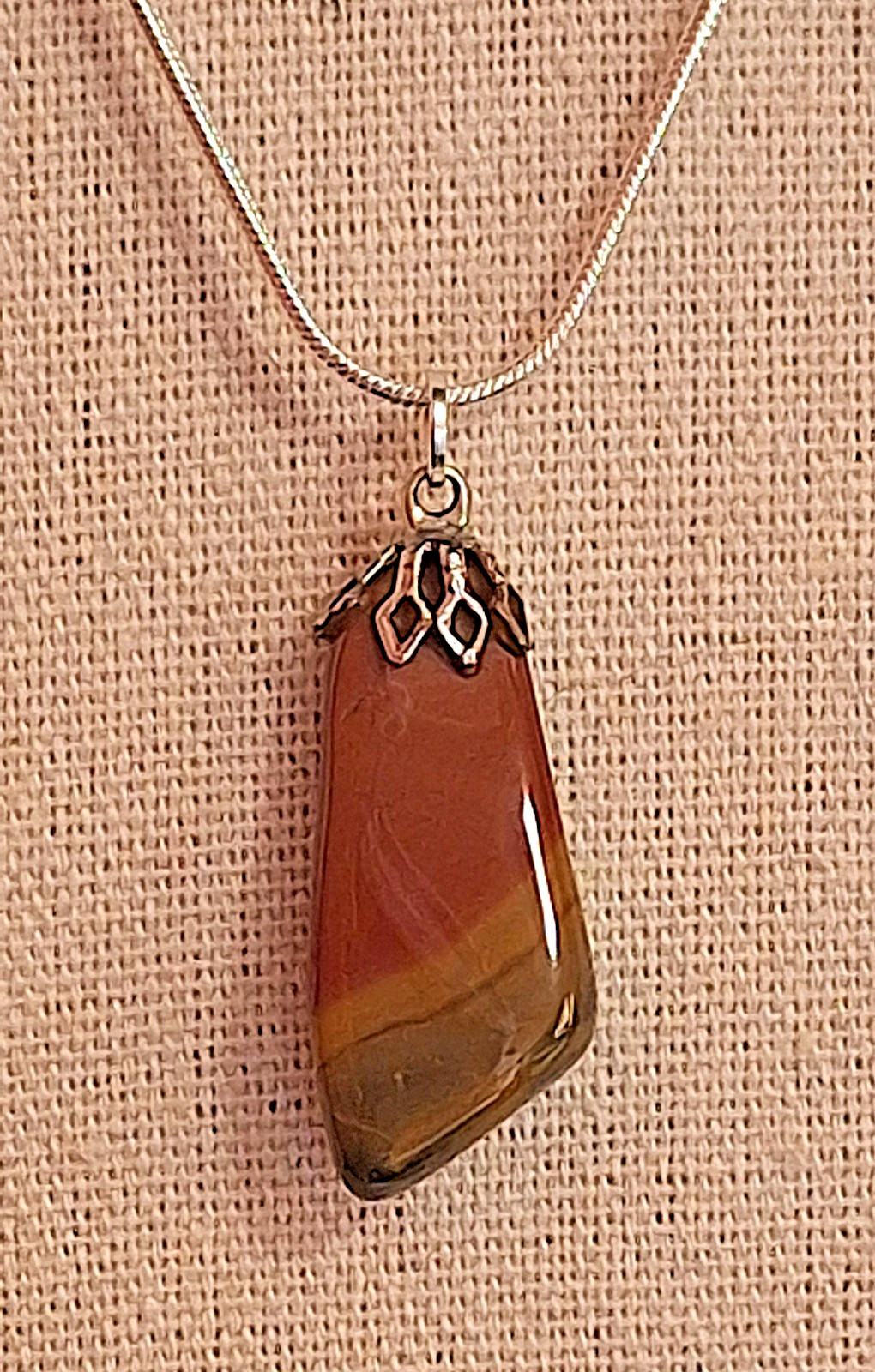Vtg Polished Red Yellow Green Banded Agate on 925 Snake Chain Necklace