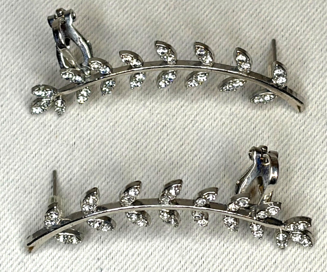 Silver Toned Rhinestone Crystal Leaf Vine Ear Climber Crawler Cuff Earrings Pair