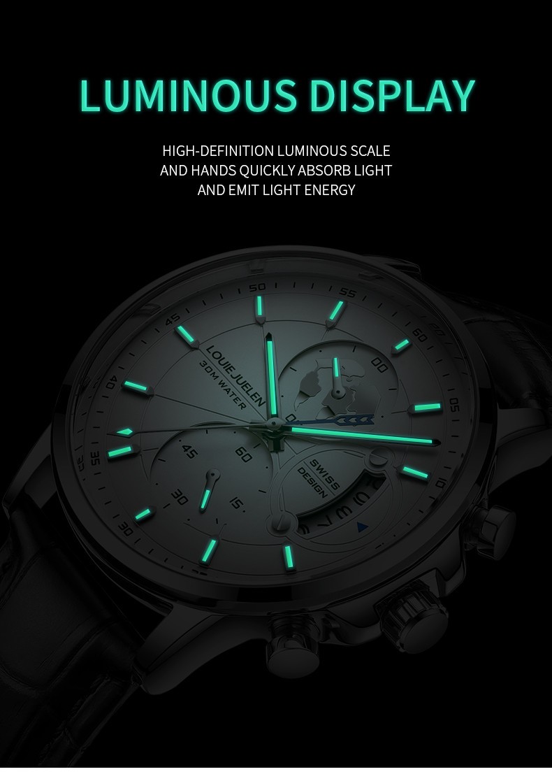 Men Genuine leather Watch Stainless Quartz Multi-functional Classic Wristwatch