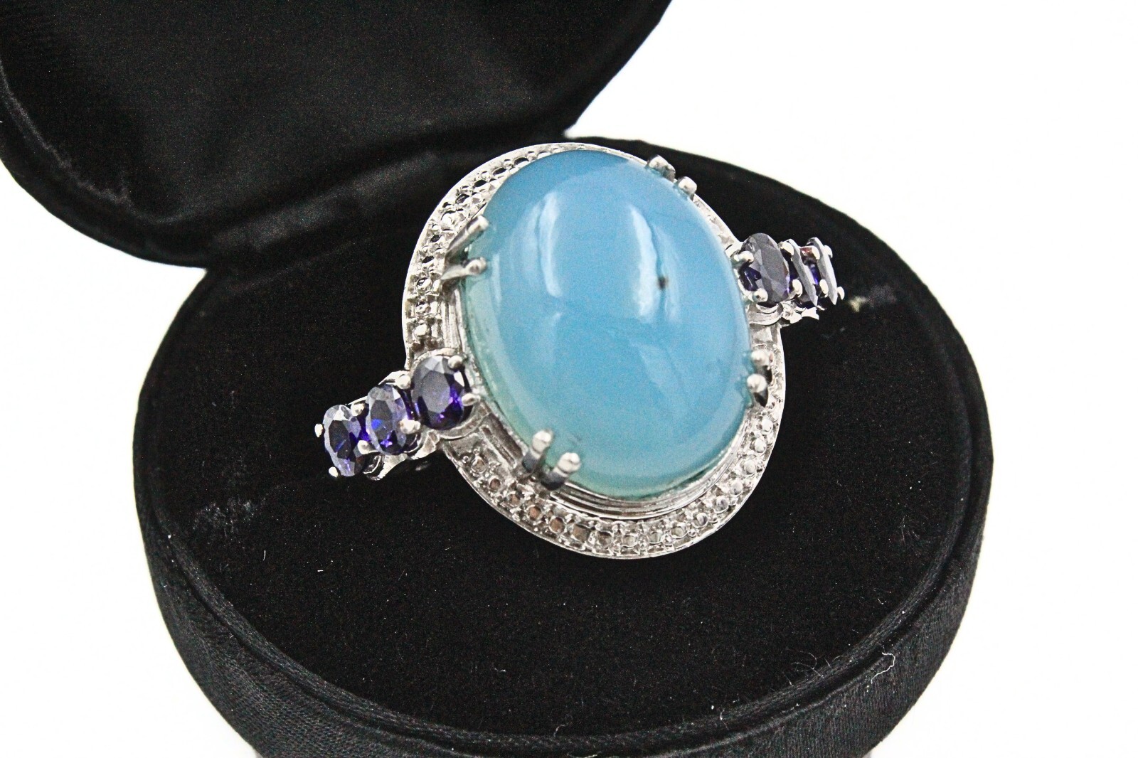 Karis STS Signed Rhodium Plate Light Blue Glass Cab Purple CZ Cocktail Ring Sz 9