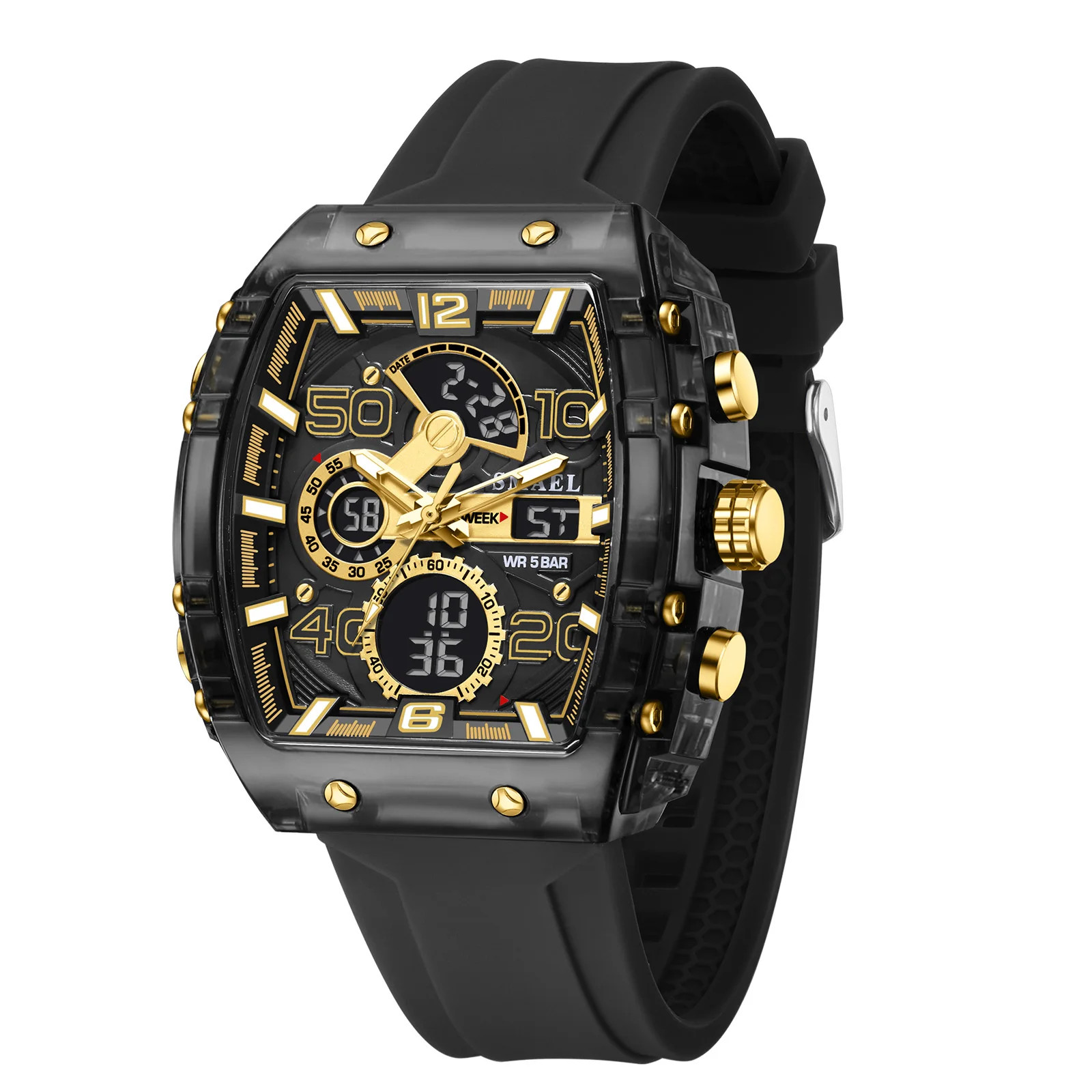Men’s Square Dual Display Watch 50M Waterproof Luminous Chrono Silicone Strap