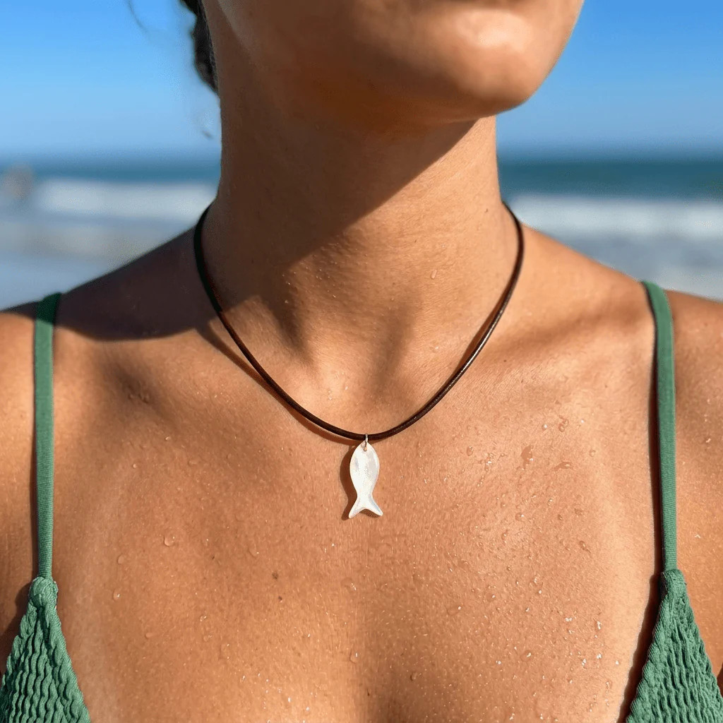 Desert Gypsy Tidal Drift Necklace – Mother of Pearl Fish Pendant on Leather Cord