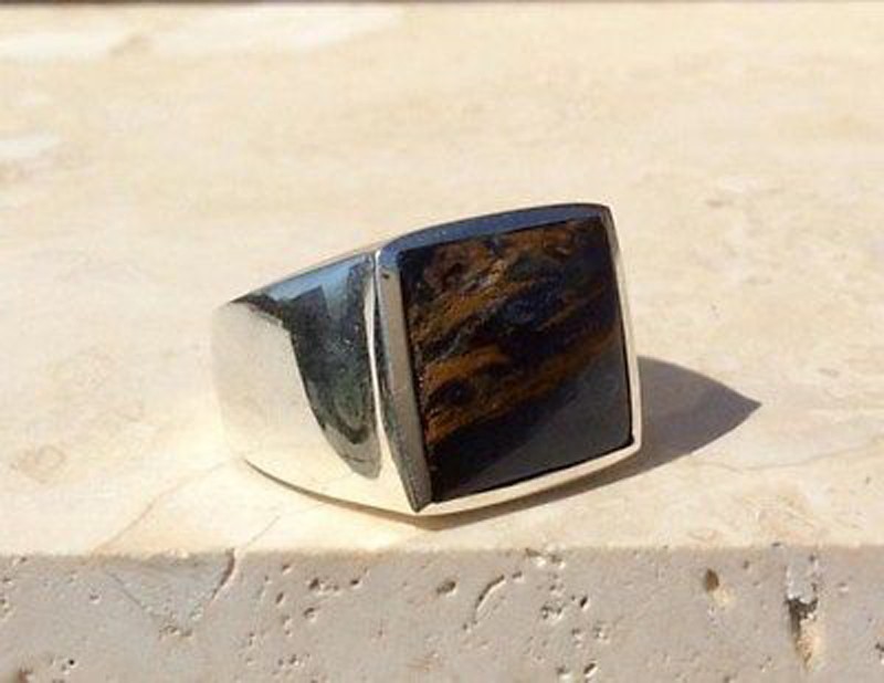 Solid 925 Sterling Silver Natural Pietersite Square Gemstone Men’s Unisex Ring