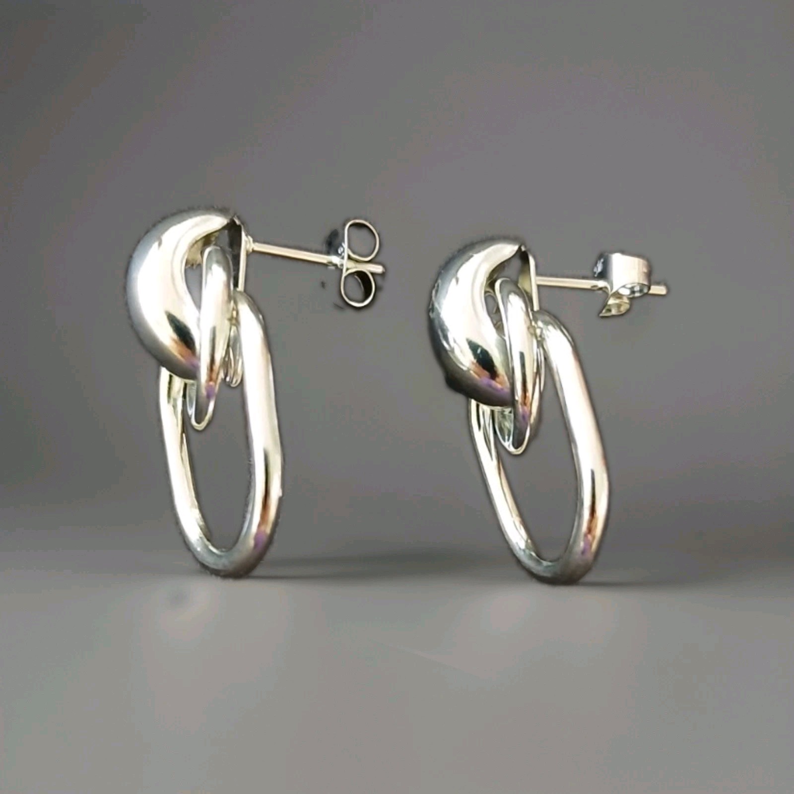 Silver Tone Double Oval Link Dangle Drop Earrings, Butterfly Closure Pair