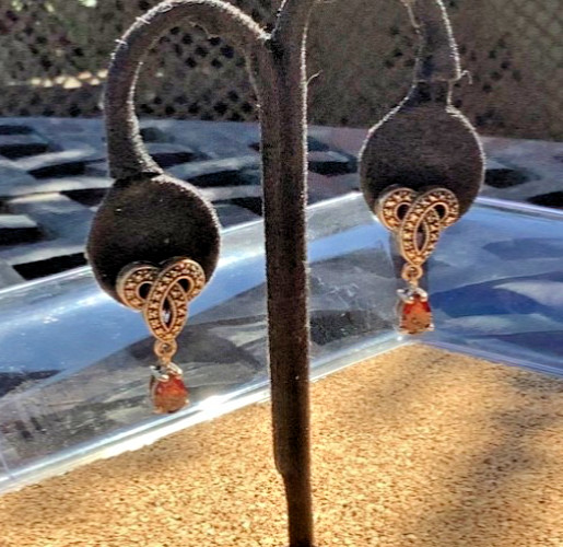 Designer Sterling Silver Marcasite & Garnet Dangle Drop Earrings Signed ACI