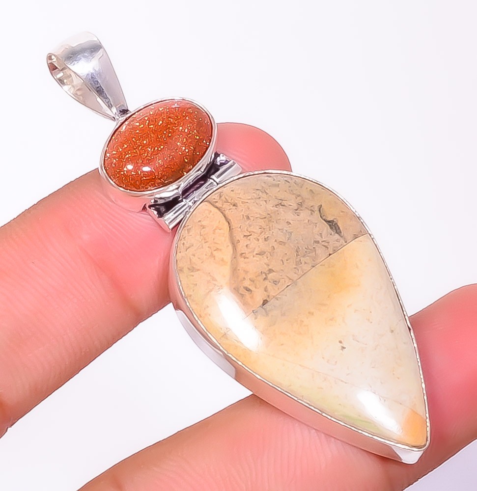 Natural Picture Jasper & Golden Sunstone 925 Silver Plated Pendant 2.54″ F2573