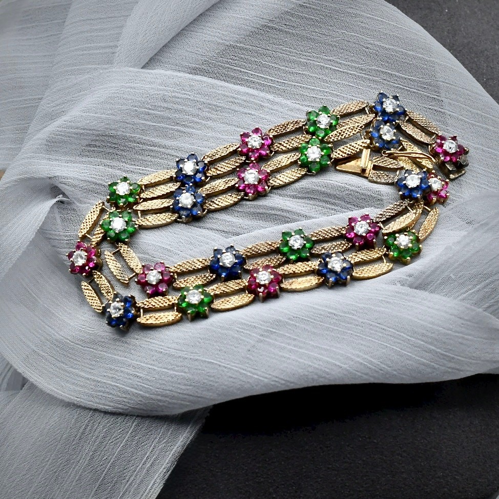 Nat Landau Hyman NLH Vintage Multicolor Flower Cluster Gold Tone Necklace