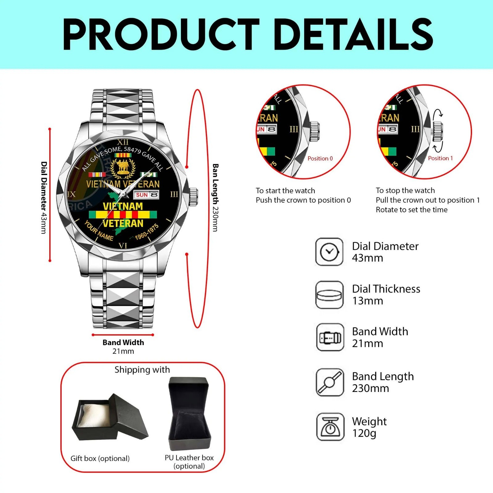 Personalized Vietnam Veteran Watch Military Gift Father’s Day Grandpa Present ne