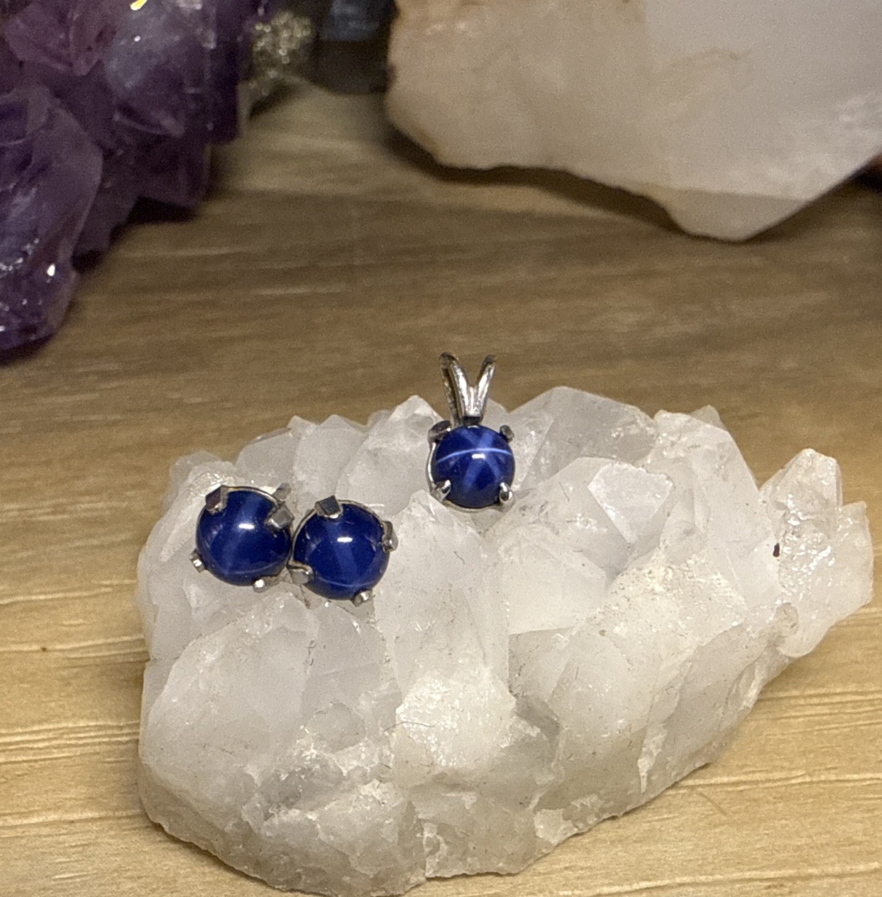 VTG 14K WHT GOLD Blue STAR SAPPHIRE Pendant Earring Set No Backs AN1225-86 EX