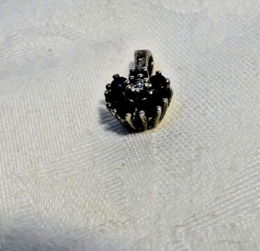 C90 Vintage Flower Shape Pendant 7 Sapphires 1 Diamond 835 Silver