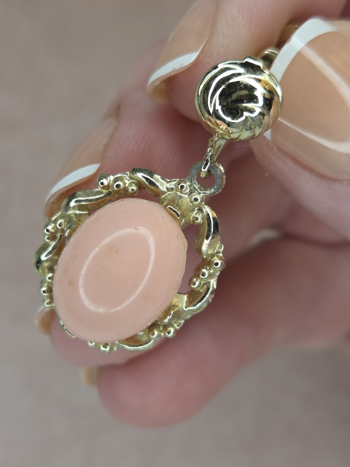 Gold Tone Bezel Set Pink Oval Cabochon Dangle Earrings Screw Back Closure