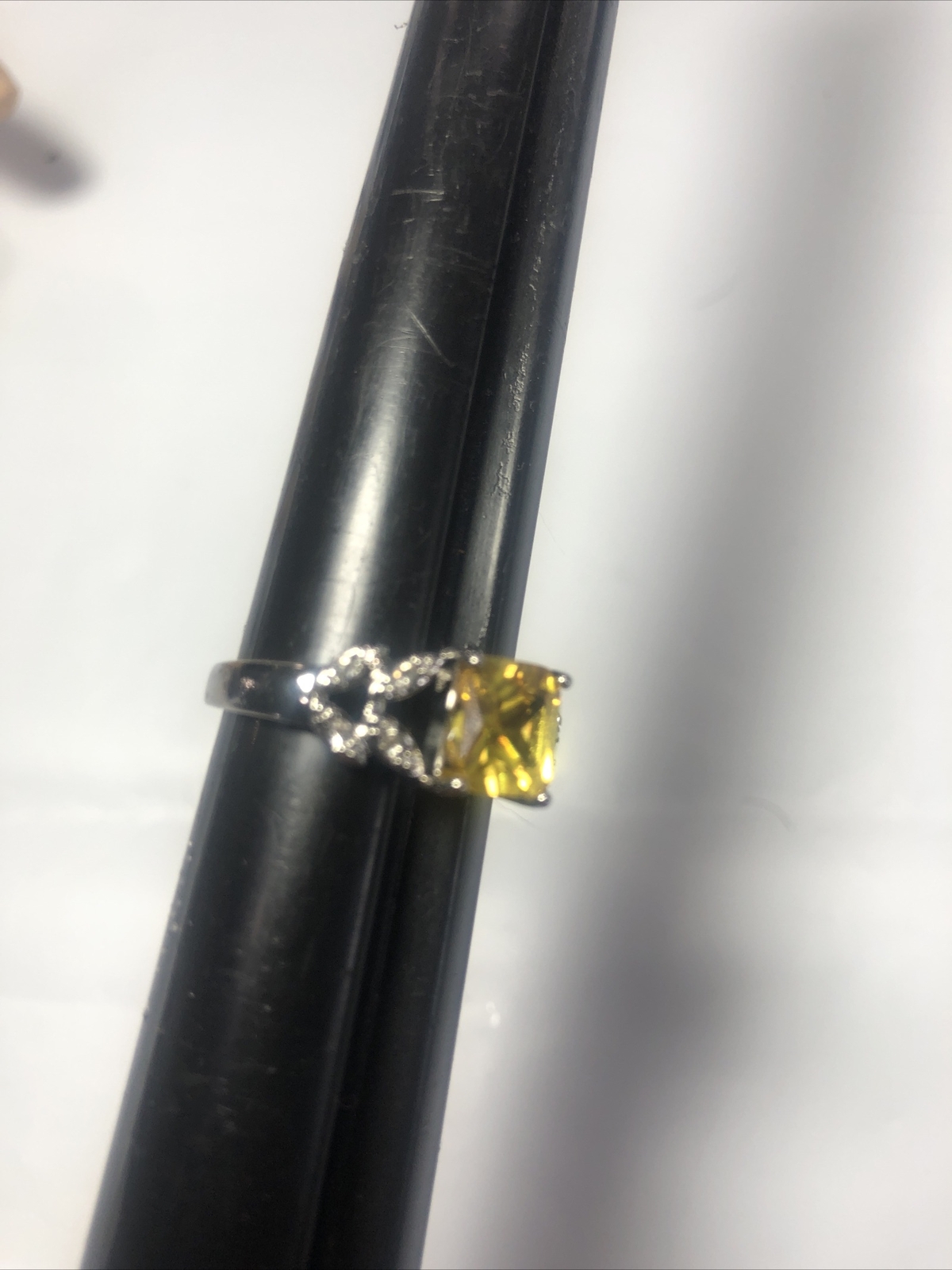 Ring Silvertone Yellow Faux Citrine Prince Cut Rhinestone Clear Accent Solitaire