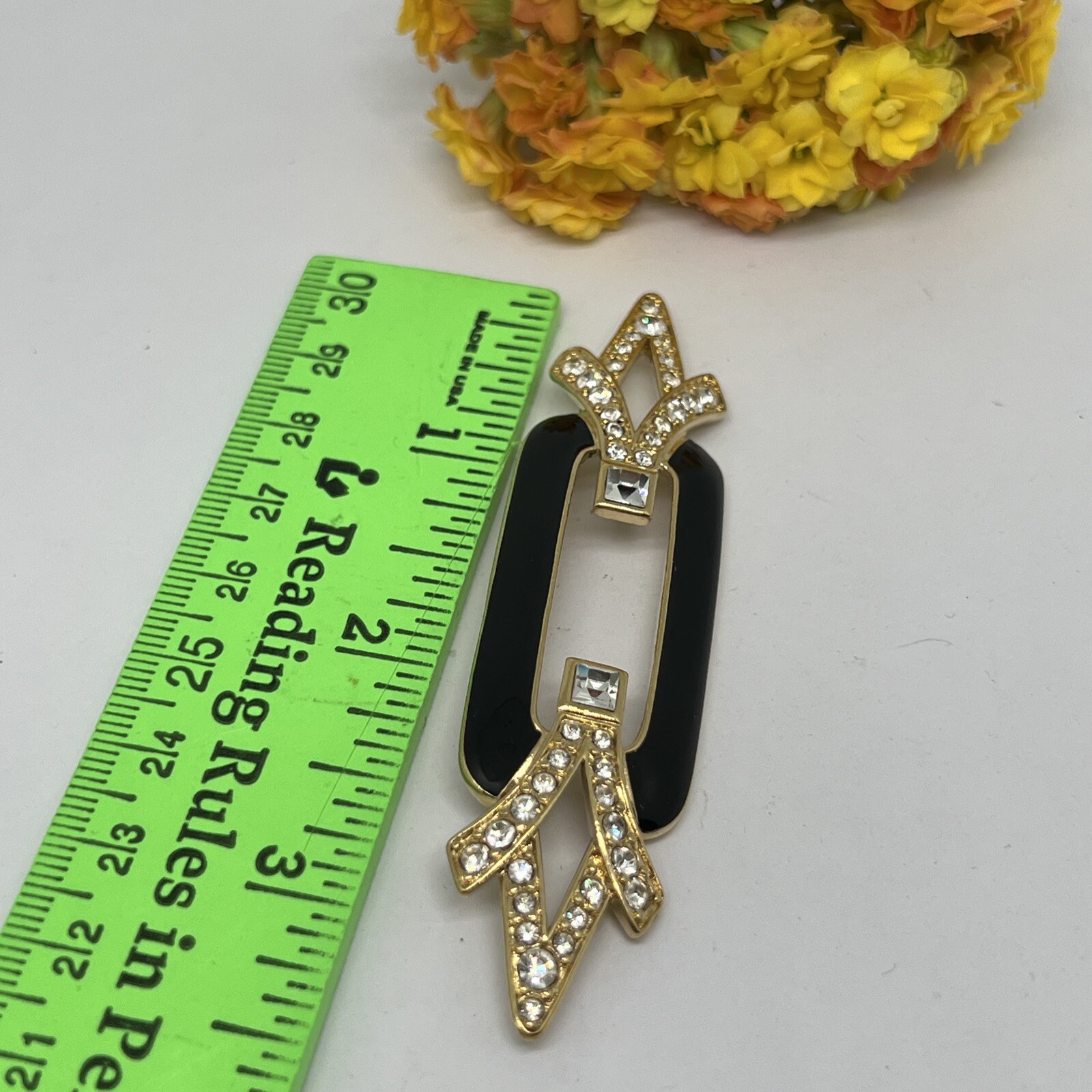 Signed Trifari 3.4” Brooch Pin Black Enamel/Gold Tone Clear Rhinestone 7020