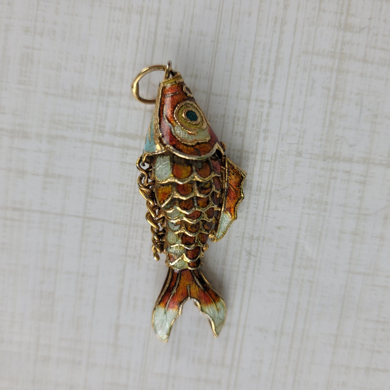 Chinese Gold Gilt Orange Enamel Cloissone Tropical Wiggly Fish Charm Pendant 2″