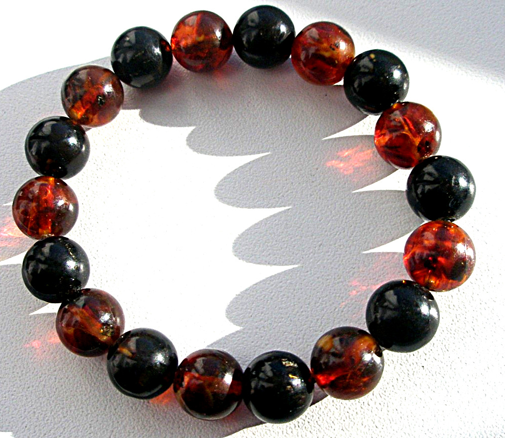 Real Baltic Amber Boho Round Beads 9 mm, Bracelet 16 cm 6.3”, Red Cherry, Black