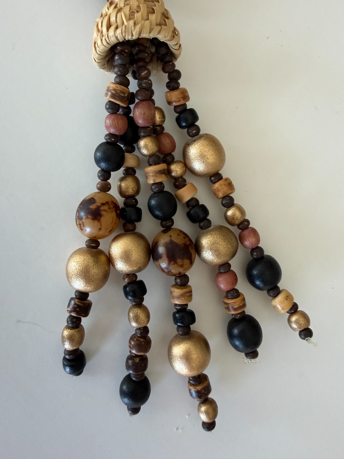 Vtg Wood Beaded Pendant Necklace, 80’s – 90’s, 36″ beaded chain w 7″ Pendant