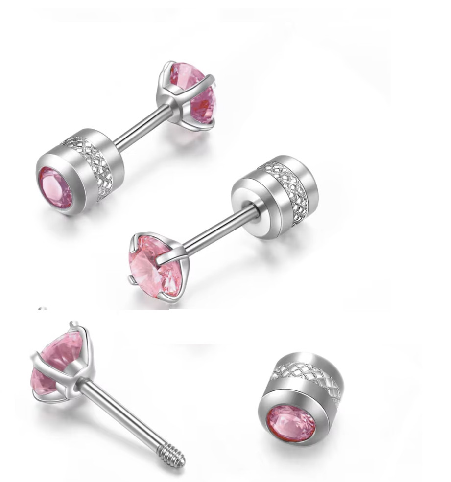 Women Men Silver Stainless Steel Round Pink CZ Stud Earrings Screw Back Gift