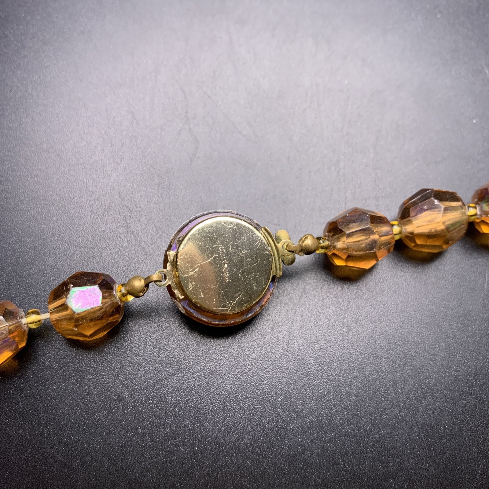 Honey Amber Tone Acrylic Bead Necklace Aurora Borealis AB Coated Beaded Vintage
