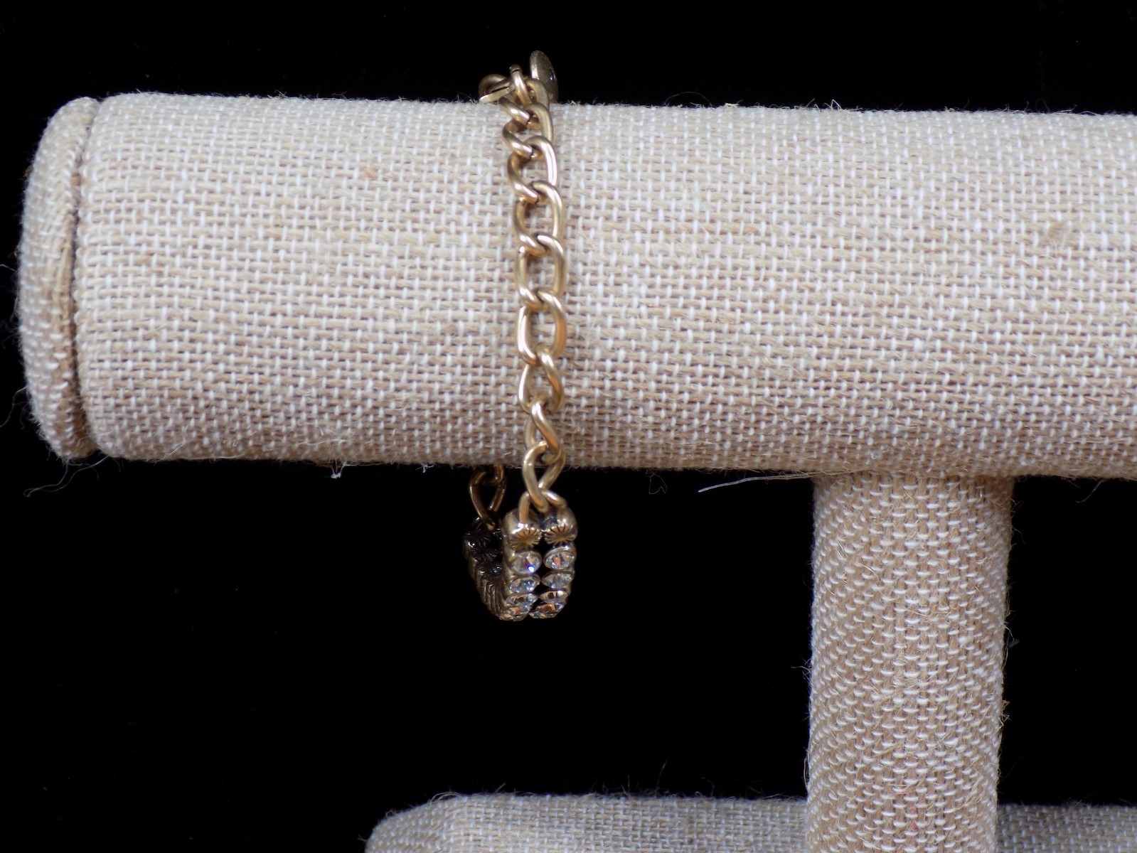 Vintage J Crew Bracelet Gold Tone Curved Bar White Colorless Rhinestones 6.5″