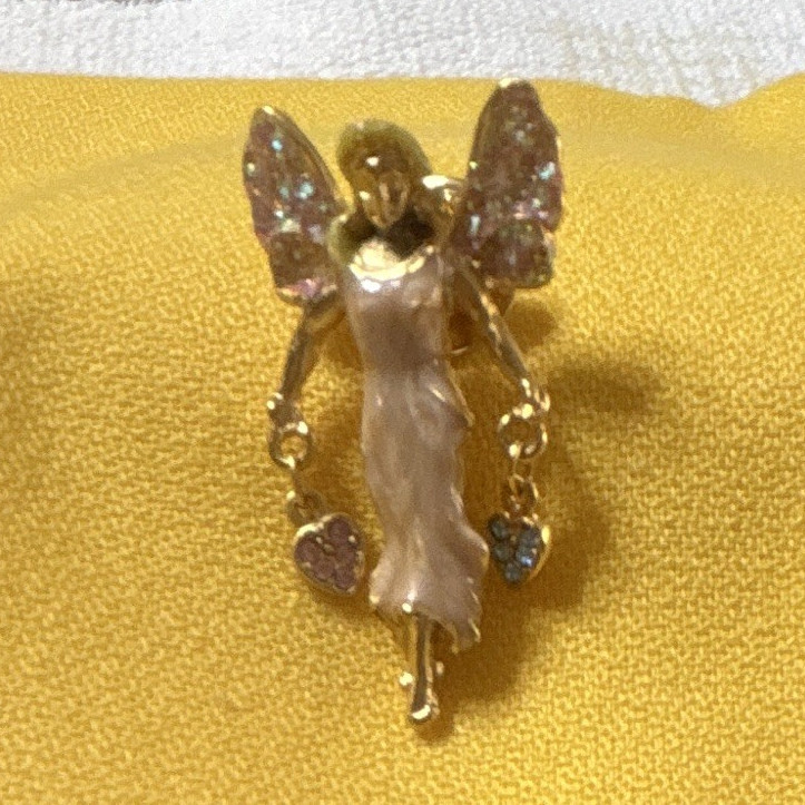 Gold Tone Angel Fairy Pin Brooch w/ Purple & Clear Round Crystals, Metal