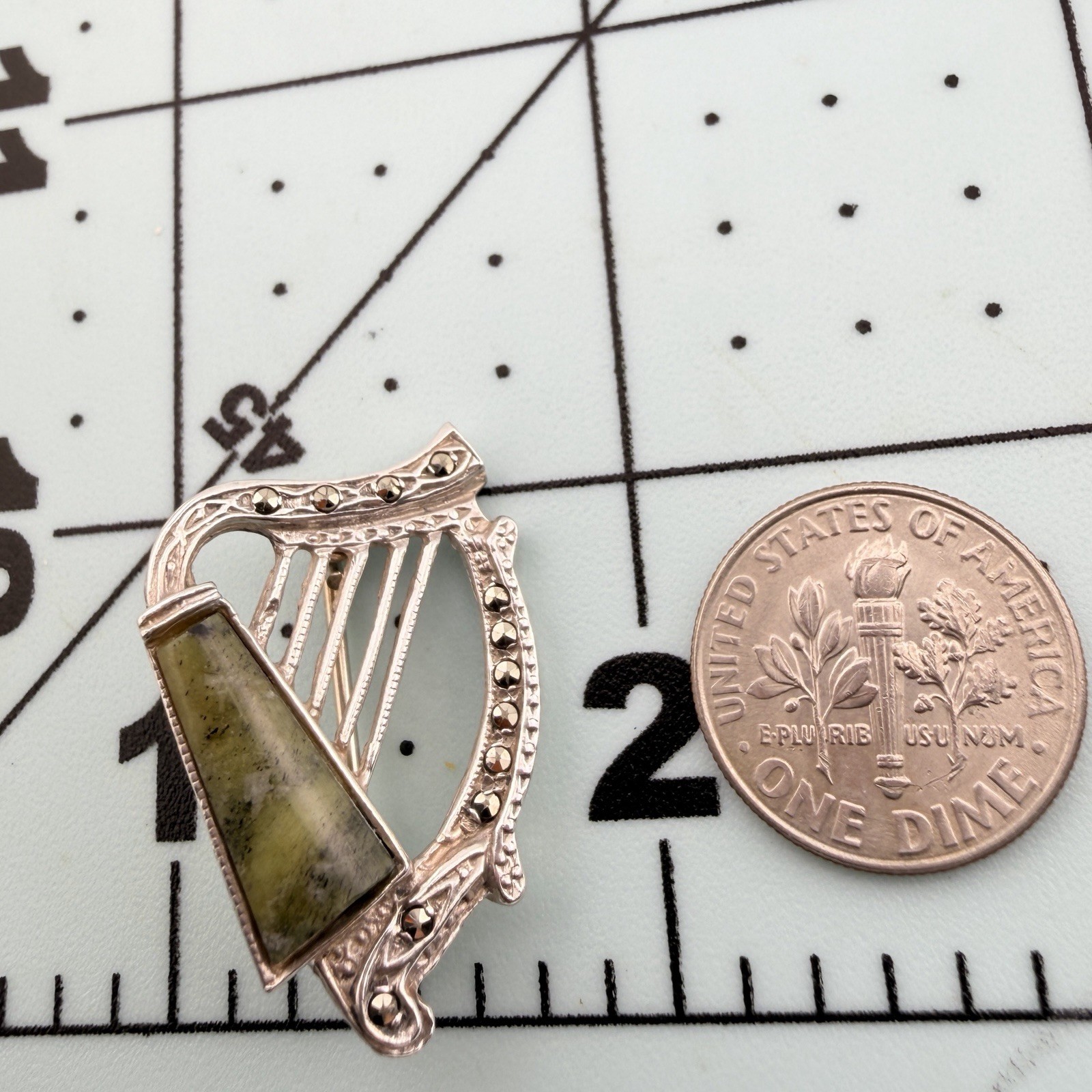 Vintage TJH Sterling Silver Irish Harp | Connemara Marble & Marcasite Brooch