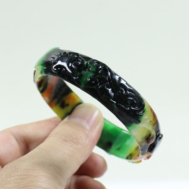 61mm Real Natural Ice Multicolor Burmese Jade jadeite Carving Bracelet Bangle