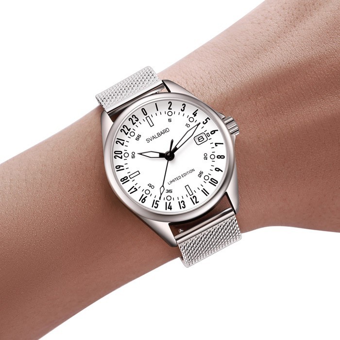 Svalbard ARCTIC GA24 Swiss Quartz Steel White Leather Date 24H Men’s Watch