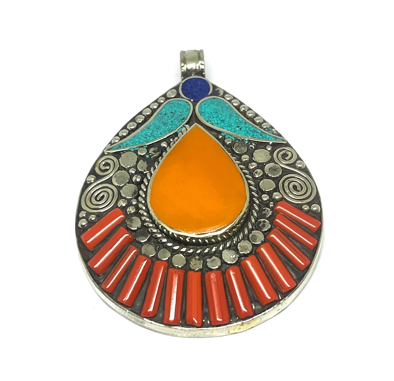 Antique Amber Coral Turquoise Gemstone Tibetan Style Pendant Jewelry, 2.9 inch