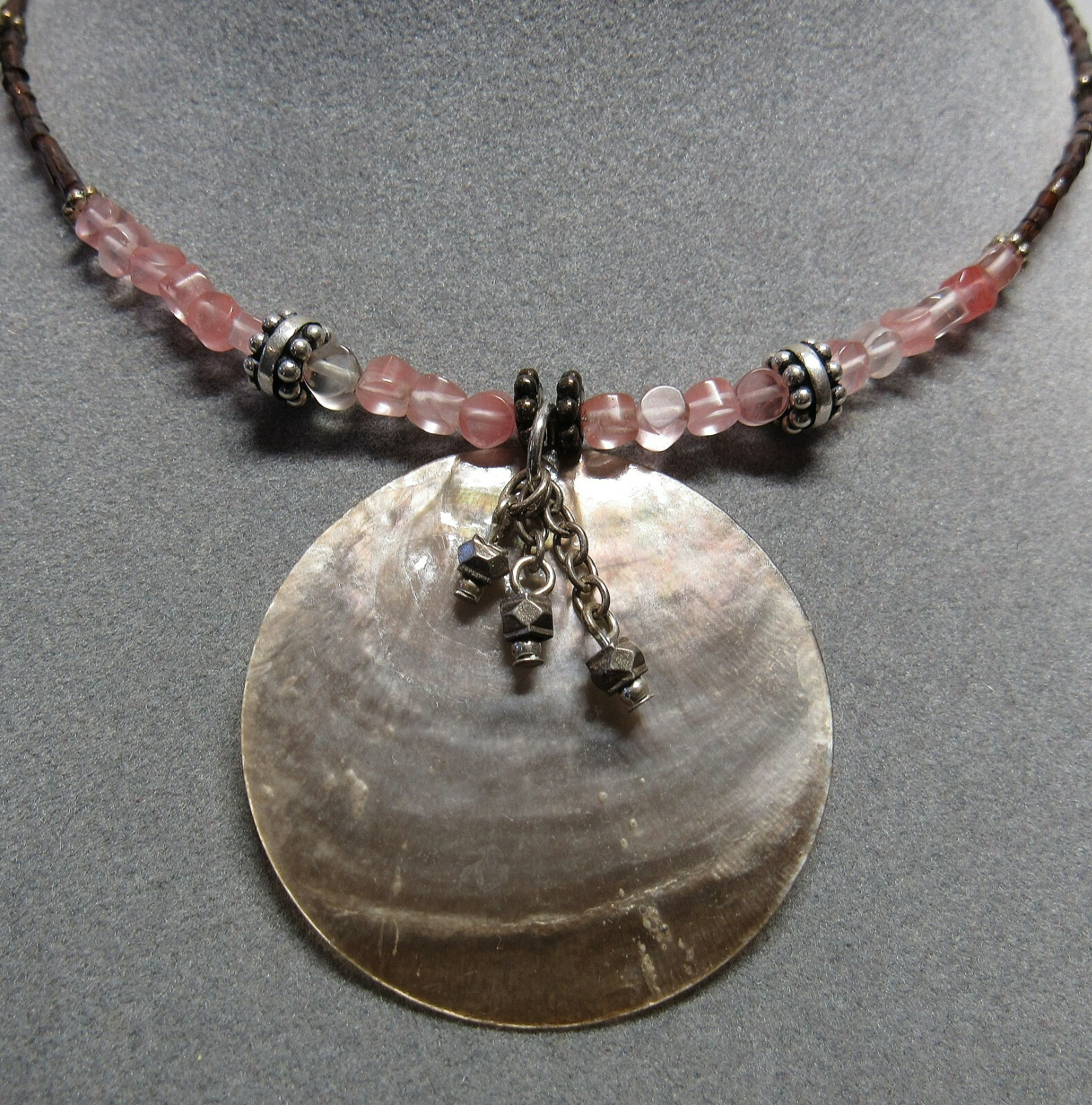 Sterling 925 Silver Adjustable Length Stone Shell Pink Tribal Beach Necklace