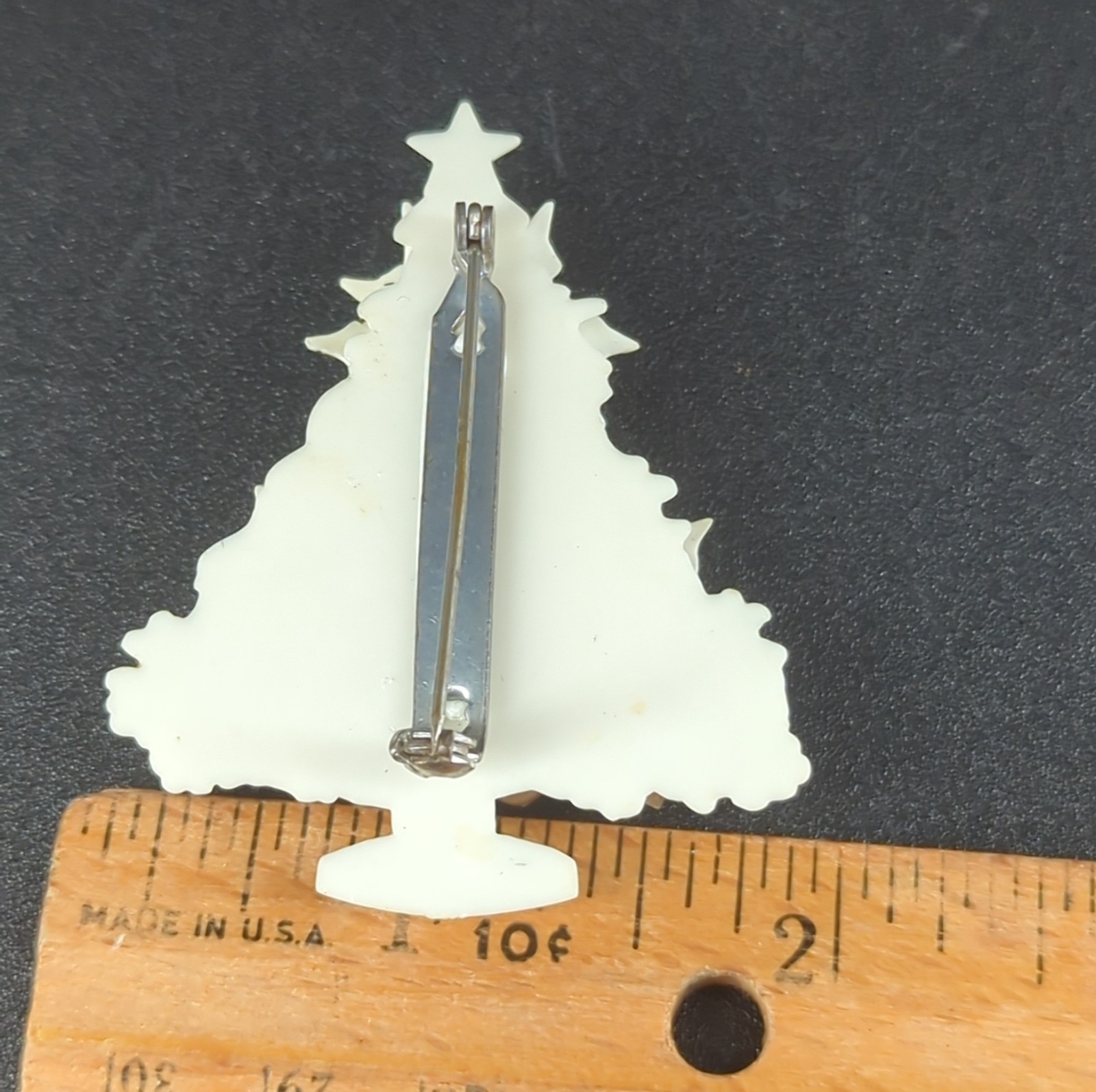 Vintage White Plastic Christmas Tree Pin Mica pink green MCM multi Ornaments