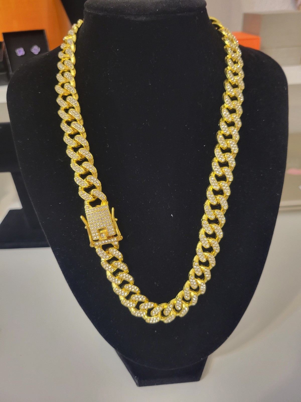 Gold Plated Iced Out Cuban Link Chain Necklace White Crystal Pavé Box Clasp
