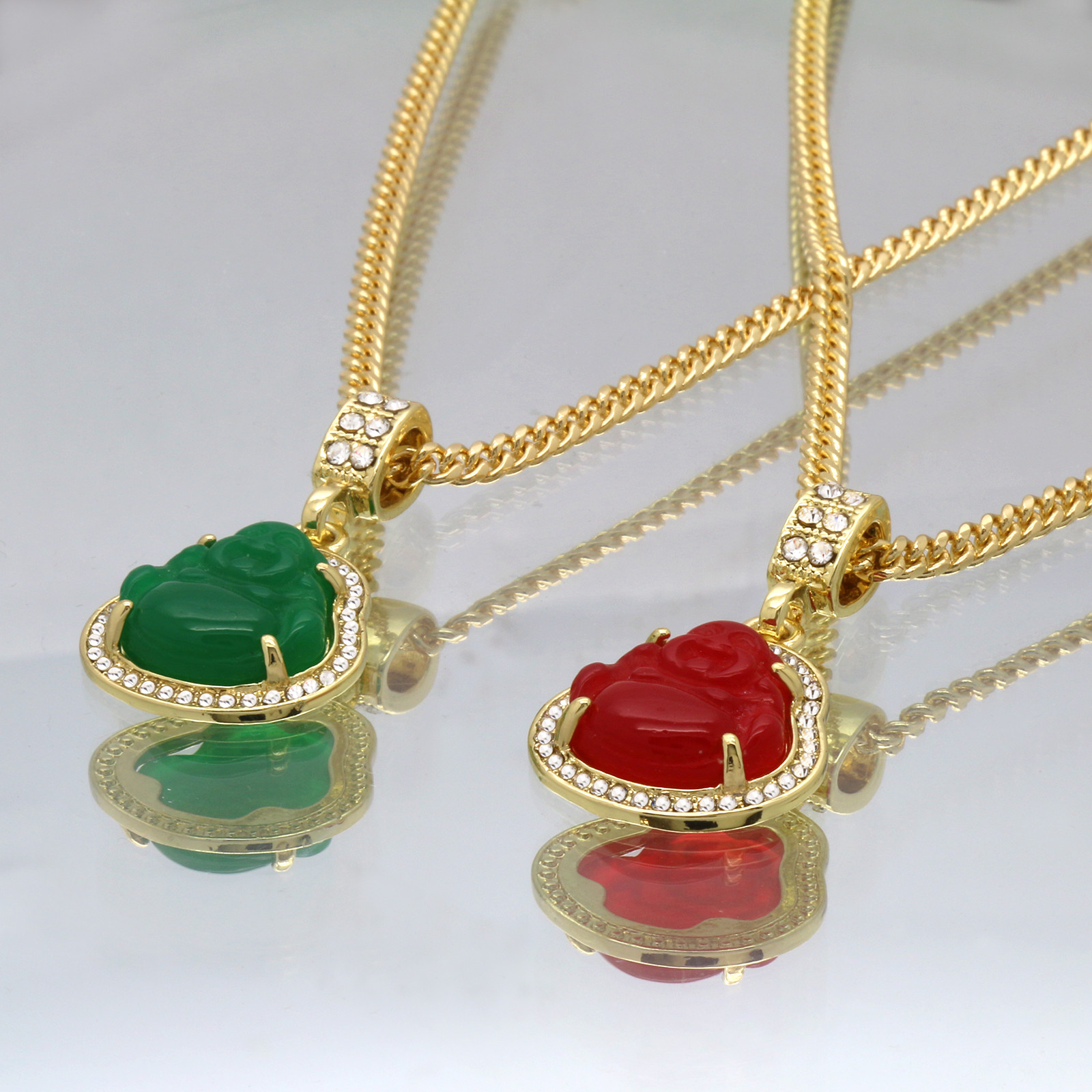 Men 14k Gold Plated green red buddha Cubic-Zirconia 30 & 24″ Cuban Chain