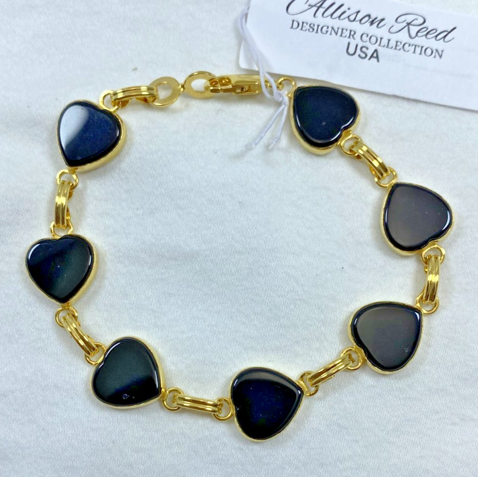 VTG A&Z Hayward Signed 1/20 14K Gold Filled Black Onyx Heart Bracelet 7 1/2″ NOS
