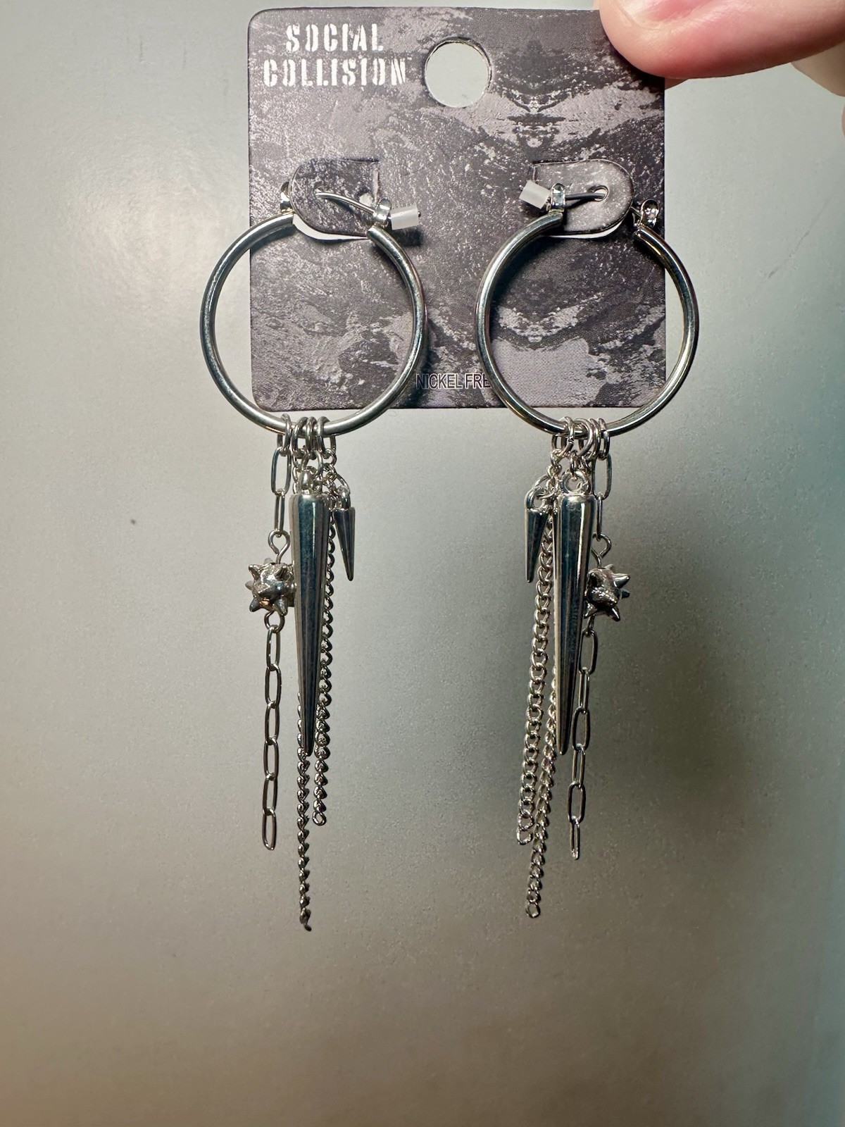 Hot Topic Spike Chain Dangle Earrings Hoops Gothic Punk Emo Jewelry Silver NEW