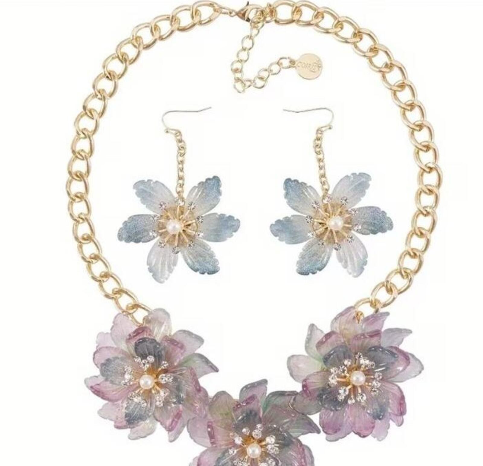 Purple and Blue 14k Gold-Plated Floral Statement Necklace and Earrings Set