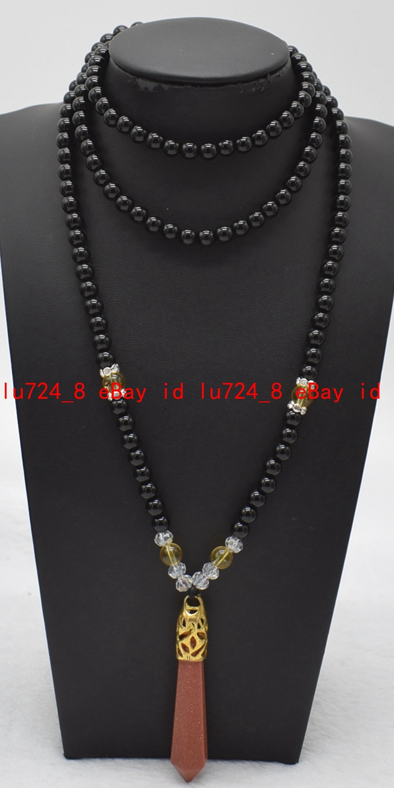 Natural 6/8/10mm Black Agate Gems Round Beads Hexagon Goldstone Pendant Necklace