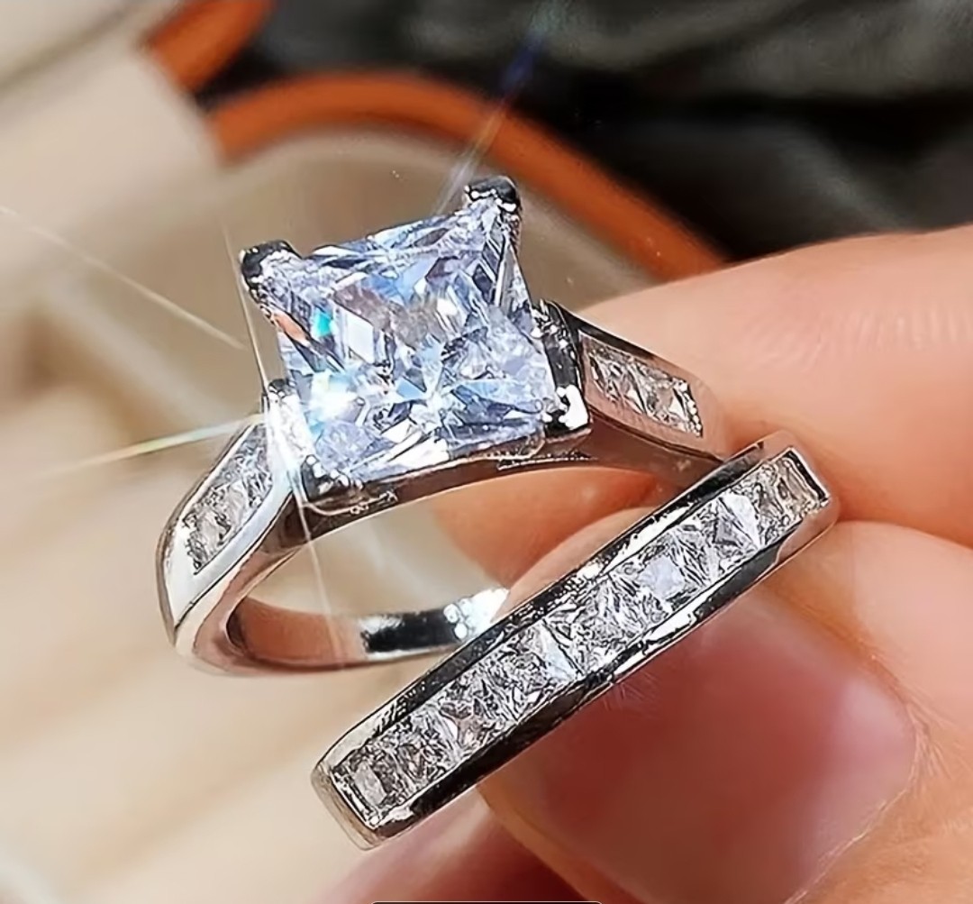 Set of 2 Square Synthetic Cubic Zirconia Engagement Rings, Size 5