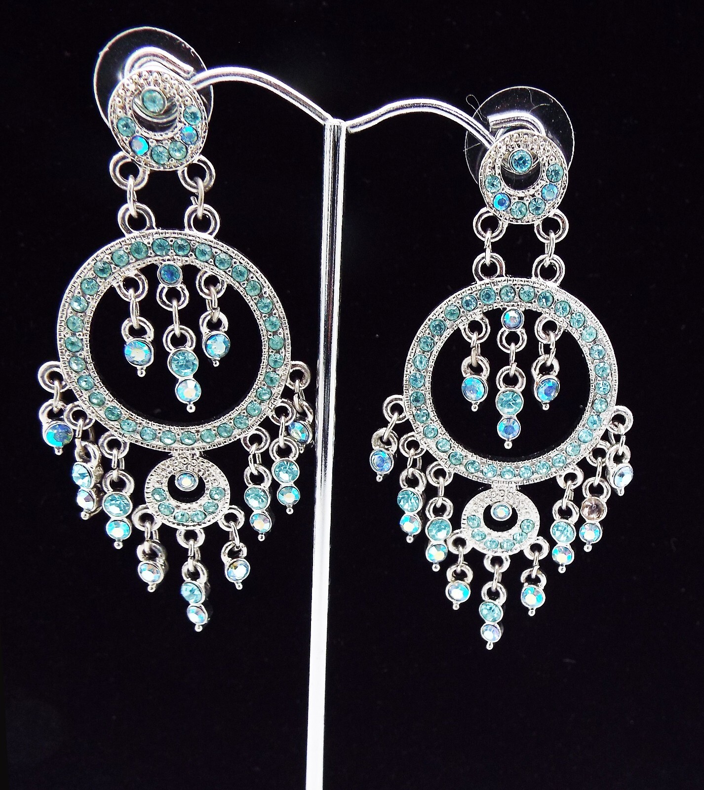 DESIGNER INSPIRED 2.5 in BALI BLUE A/B CRYSTAL DROP DANGLE SILVER EARRINGS NEW
