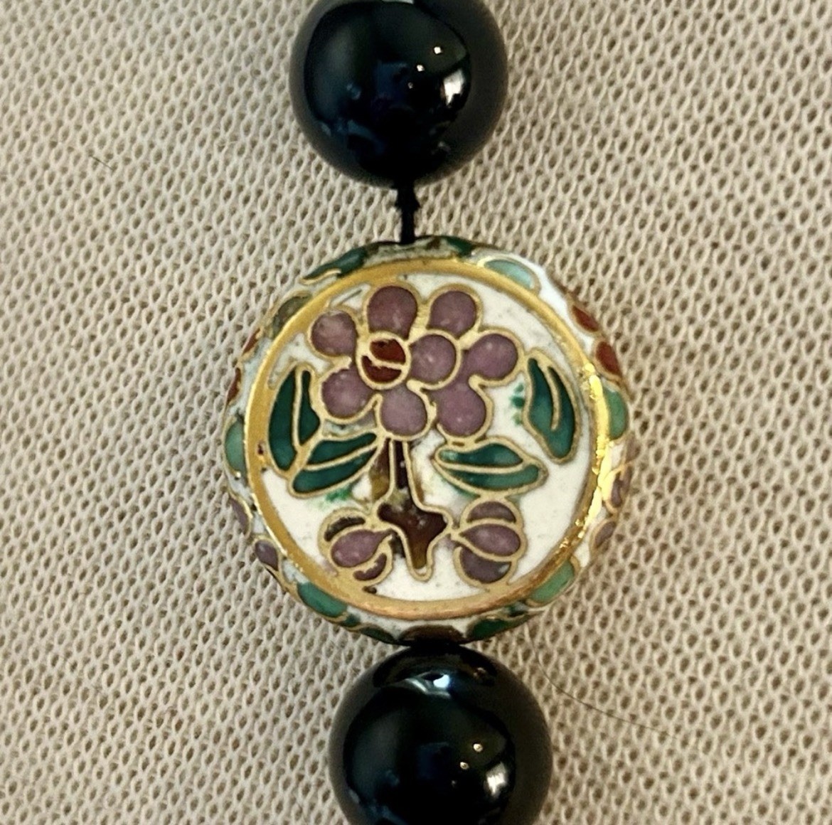 Vintage Onyx and Cloisonné Beaded Necklace Gatsby Victorian Art Deco