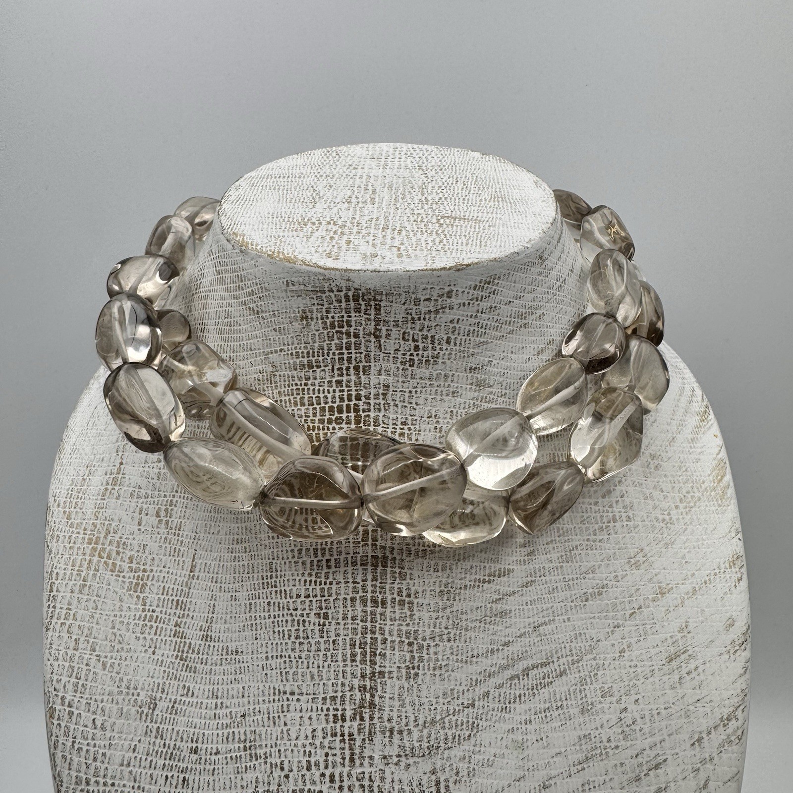 VTG Sterling Silver Light Smoky Quartz Heavy Double Strand Beaded Necklace 15″
