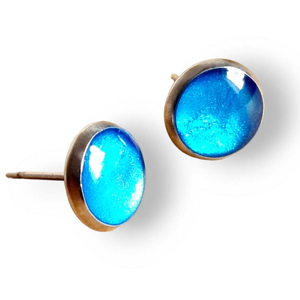 Coloured Sand & Resin Stainless Steel Round Stud Earrings – Sea Blue Pearl