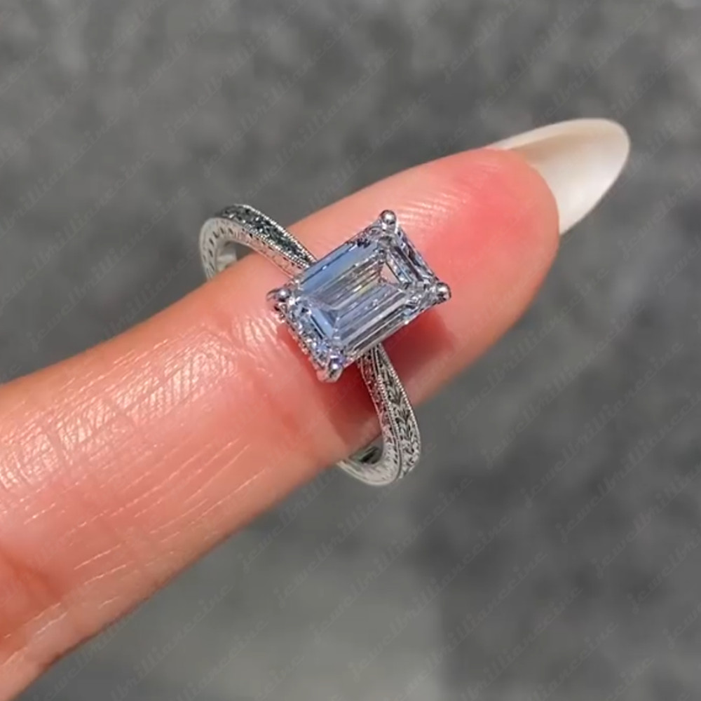 2.30Ctw Emerald Cut Moissanite Hidden Halo Vintage Style Engagement Wedding Ring