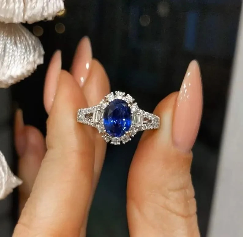 3.10 Ct Oval Natural Sapphire & Diamond Wedding Ring 14K White Gold Size 5