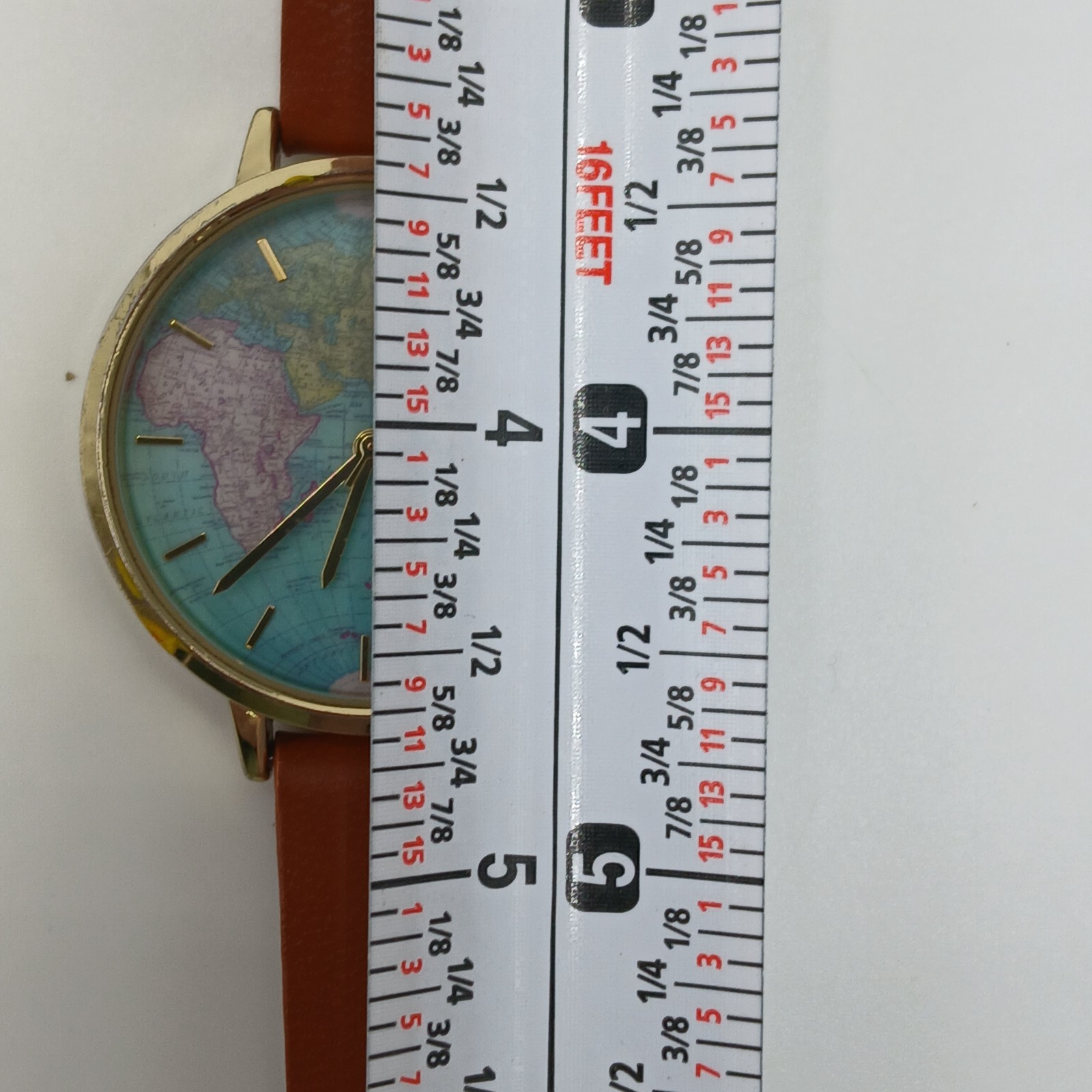 World Map Dial Watch Brown Leather 8in Strap Gold Tone Quartz Japan New Battery