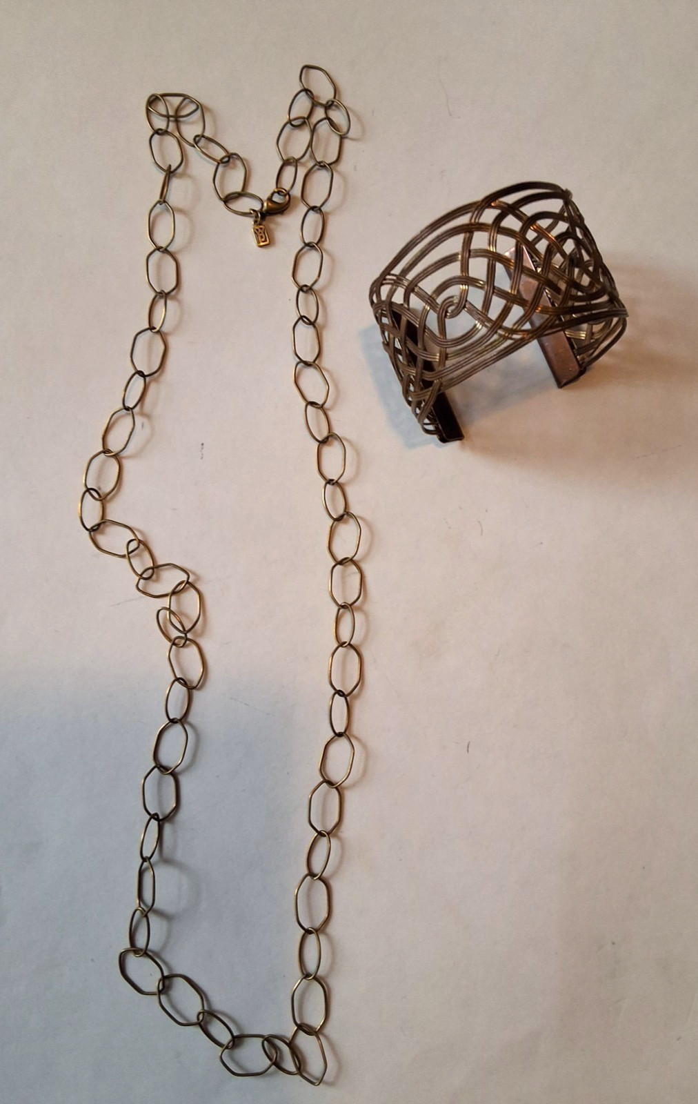 Waxing Poetic 30″ Brass Oval Link Necklace Bronze Wire Cuff Bracelet