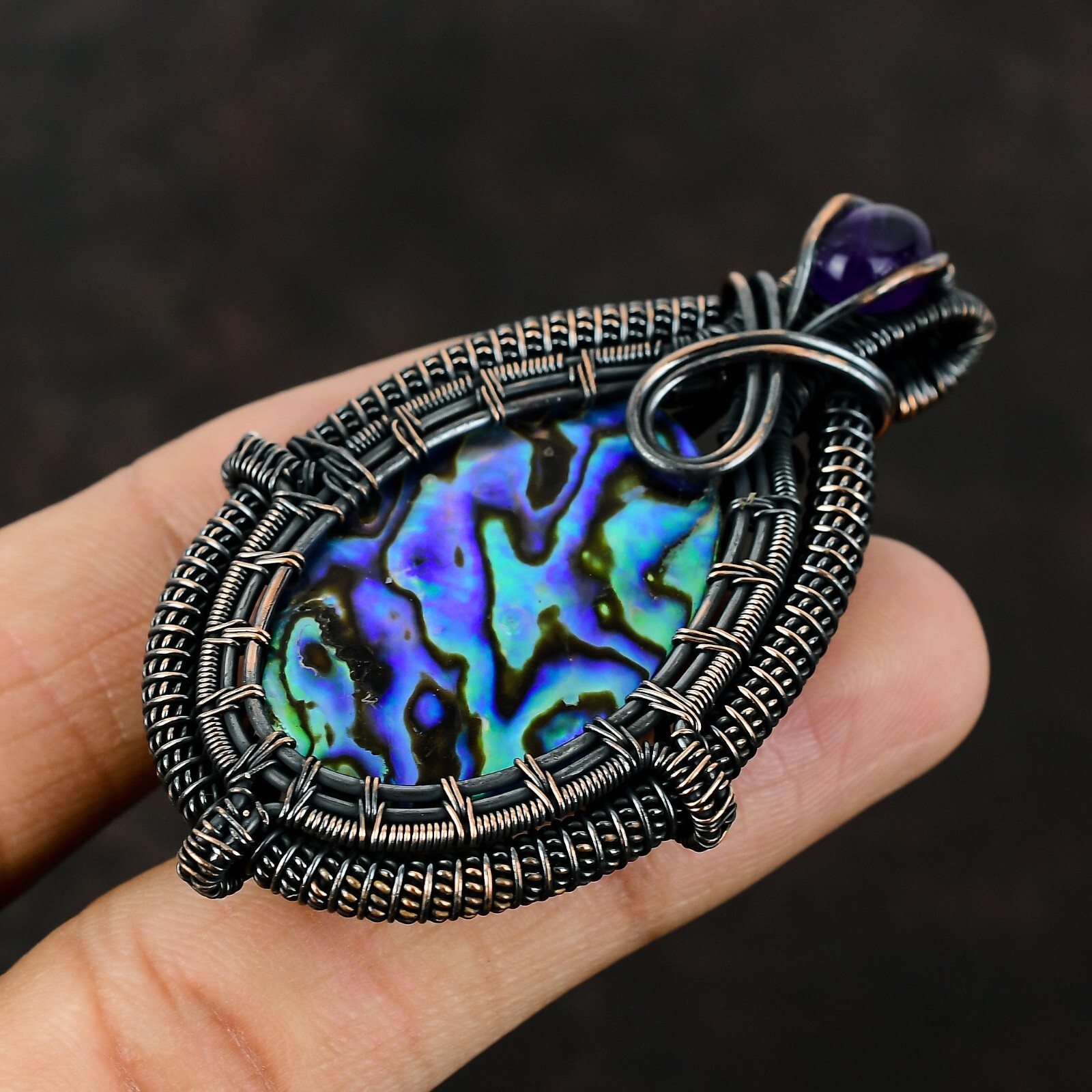 Abalone Shell Wire Wrapped Pendant Handcrafted Copper Holiday Jewelry 2.6″