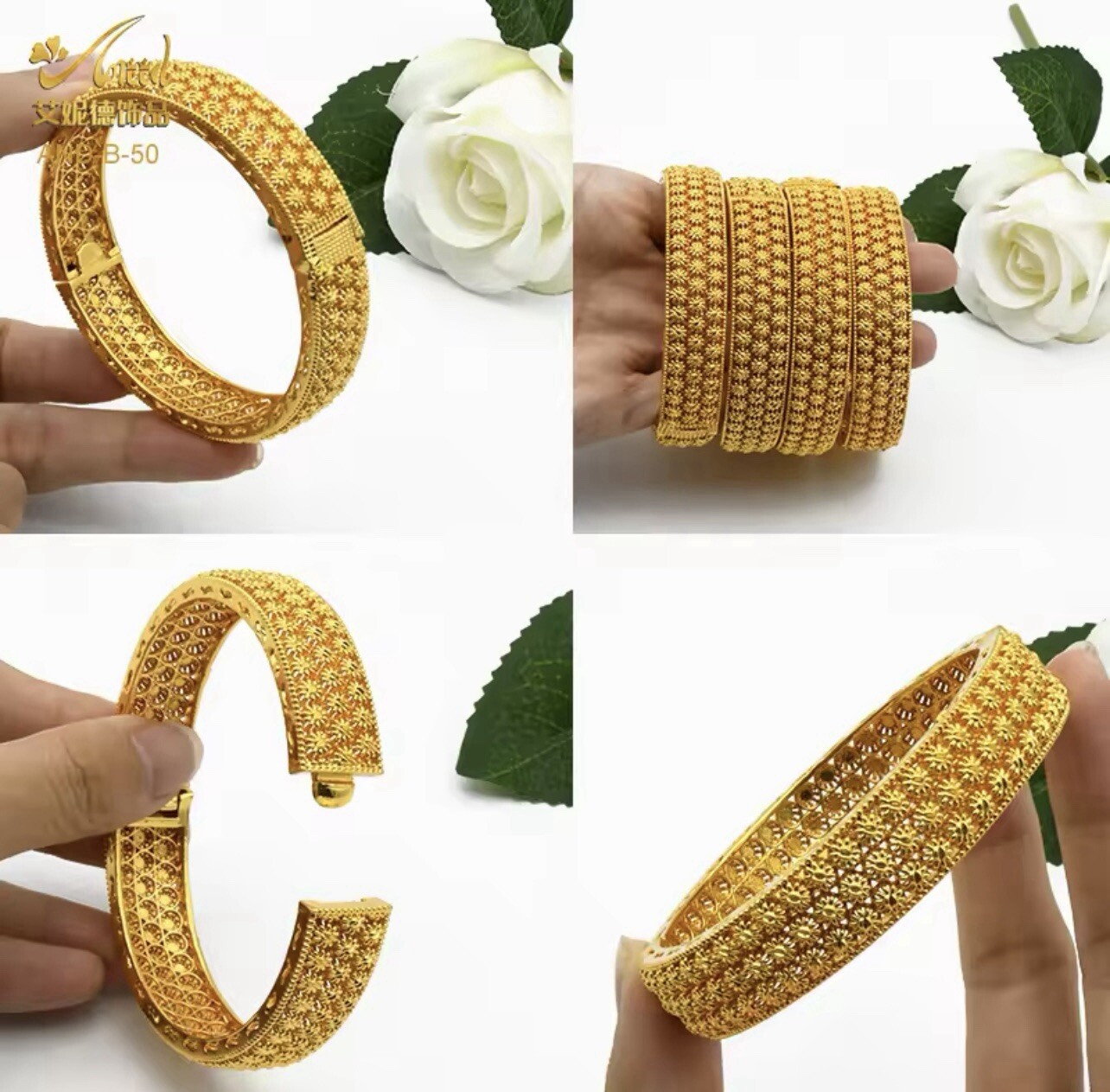 2 Gold Handmade 24K Gold Plated Dubai Indian Bangle Design Push Lock UK (S 6 cm)