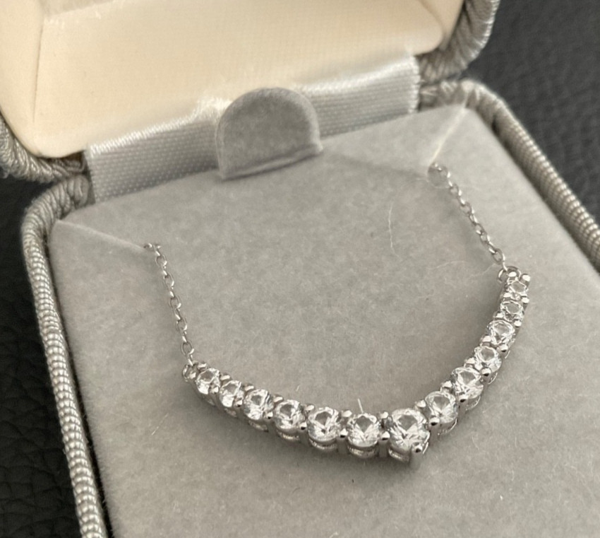 Sterling Silver CZ Curved Bar Necklace Graduated Arc Pendant 17” 925 Chain