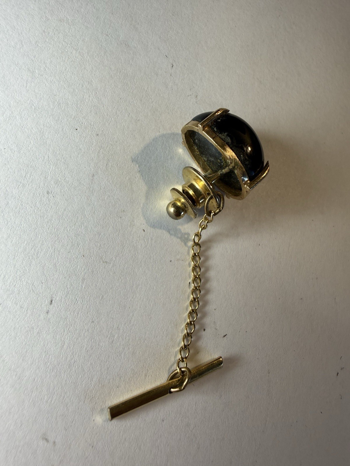 Men’s 1/5 10k Yellow Gold Tie Tack w/ Chain, Oval Black stars sapphire