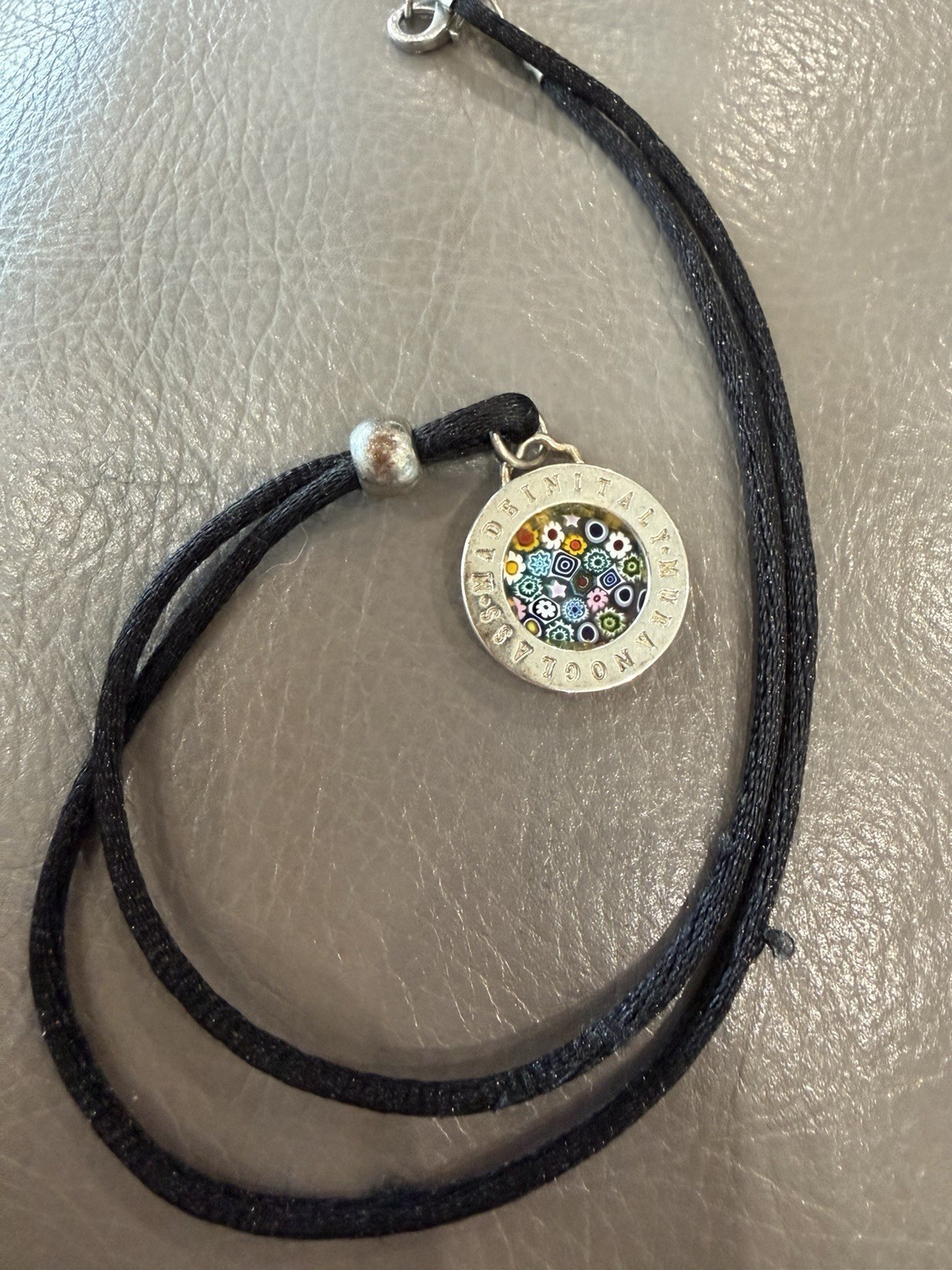 Silver Millefiori Flower Glass Pendant Green Red Yellow